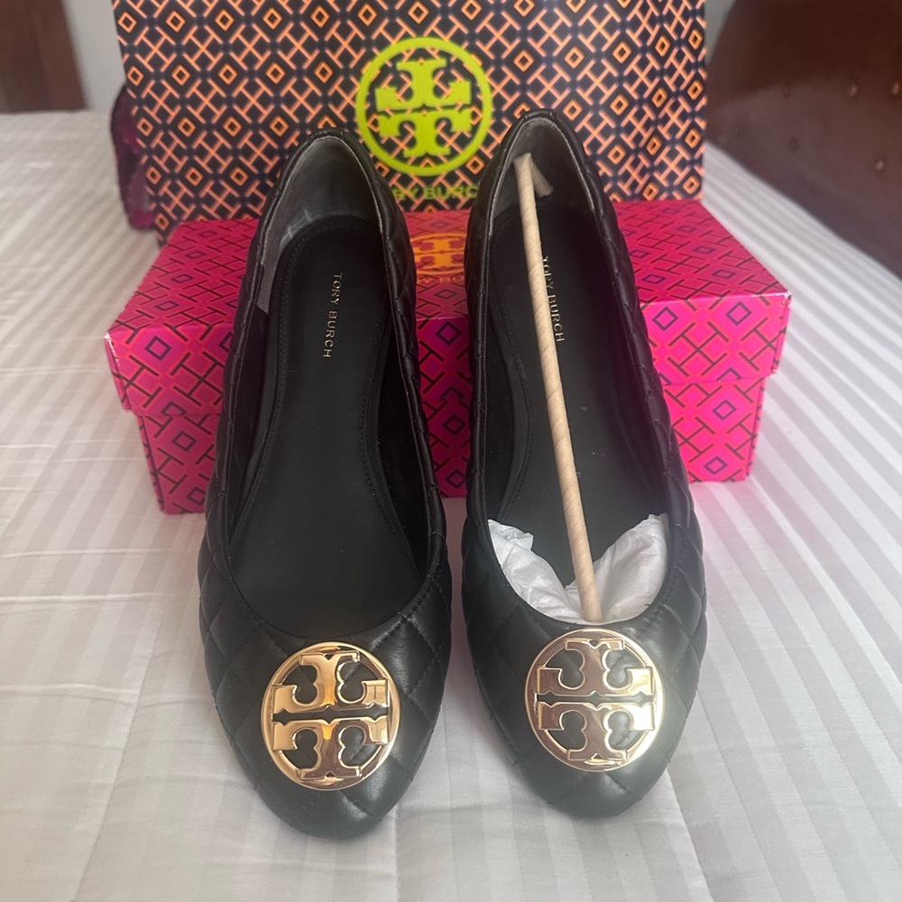 Tory Burch Black and Gold Flats with Logo
